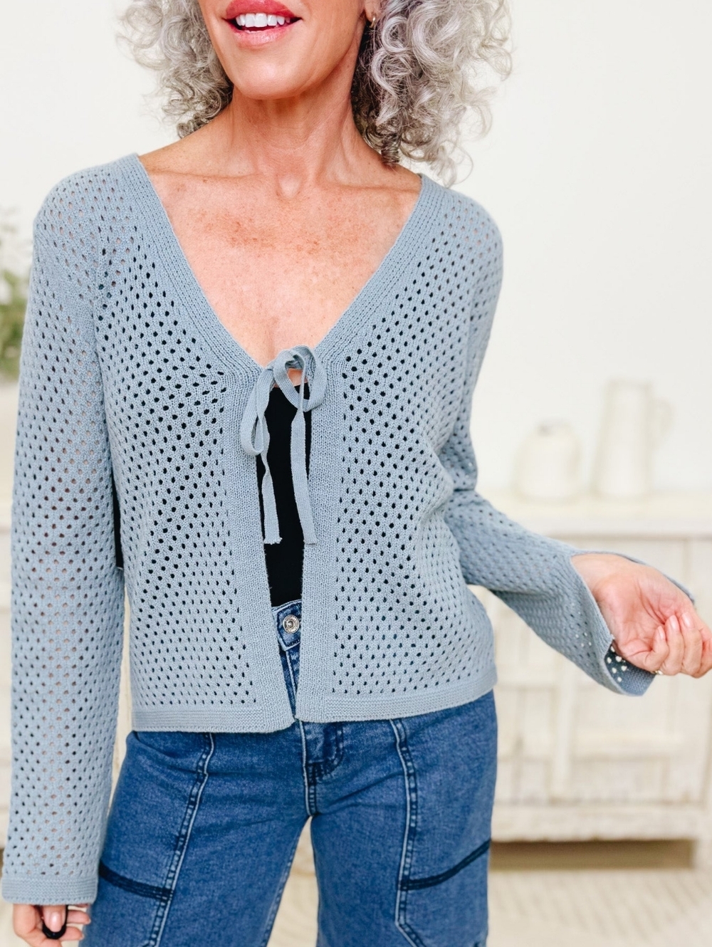 NWT- Hem and Thread Seafoam Blue Crochet Front Tie Sweater Women's Small